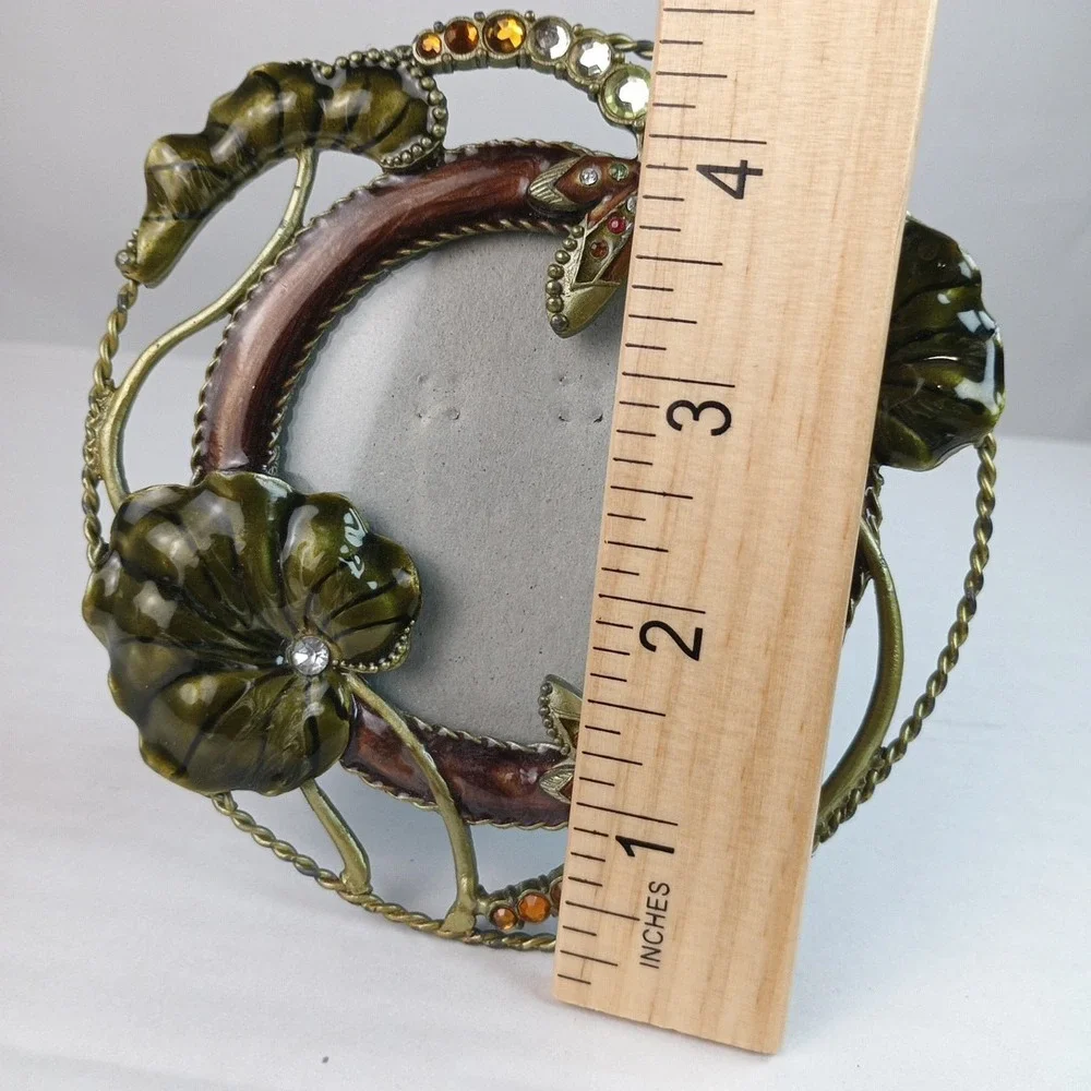 VTG Enameled Metal Jeweled Flowers Dragonflies Round Picture Photo Frame Boho